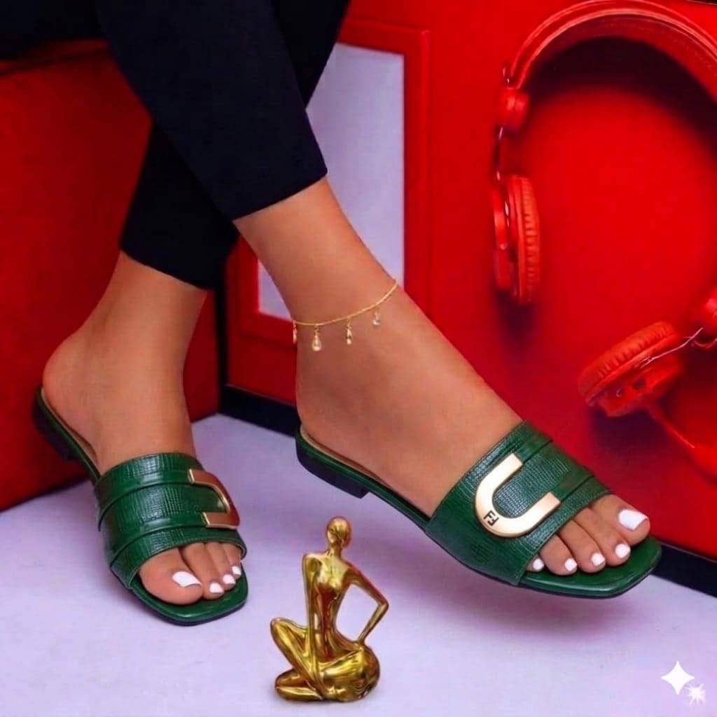 Green Gold-Buckle Flat Slides